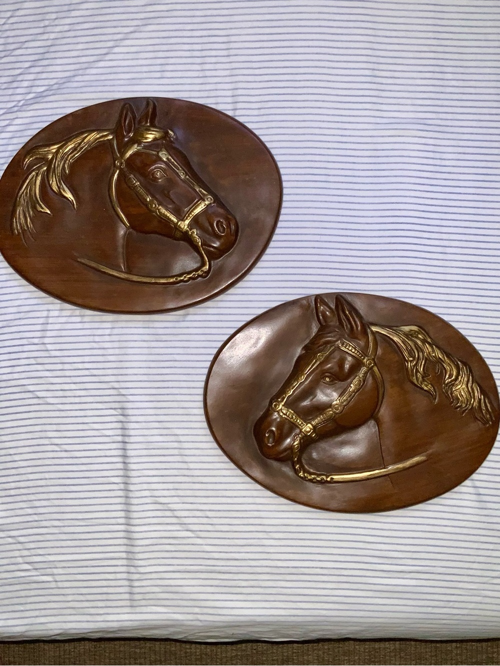 horse wall art hanging plaster ceramic handmade‎ in canada brown gold set pair